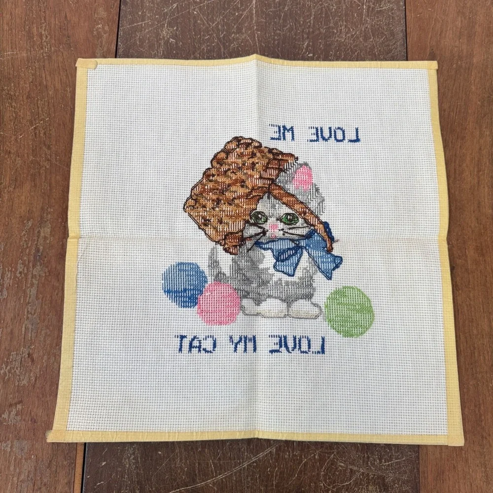 Vintage Counted Cross Stitch‎ Needlepoint Love Me Love My Cat Kitten Wall Decor